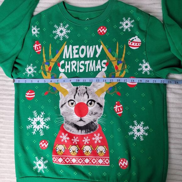 Ugly Christmas Sweater Sweatshirt Green Meowy Christmas Cat Size Large Party - Picture 4 of 7